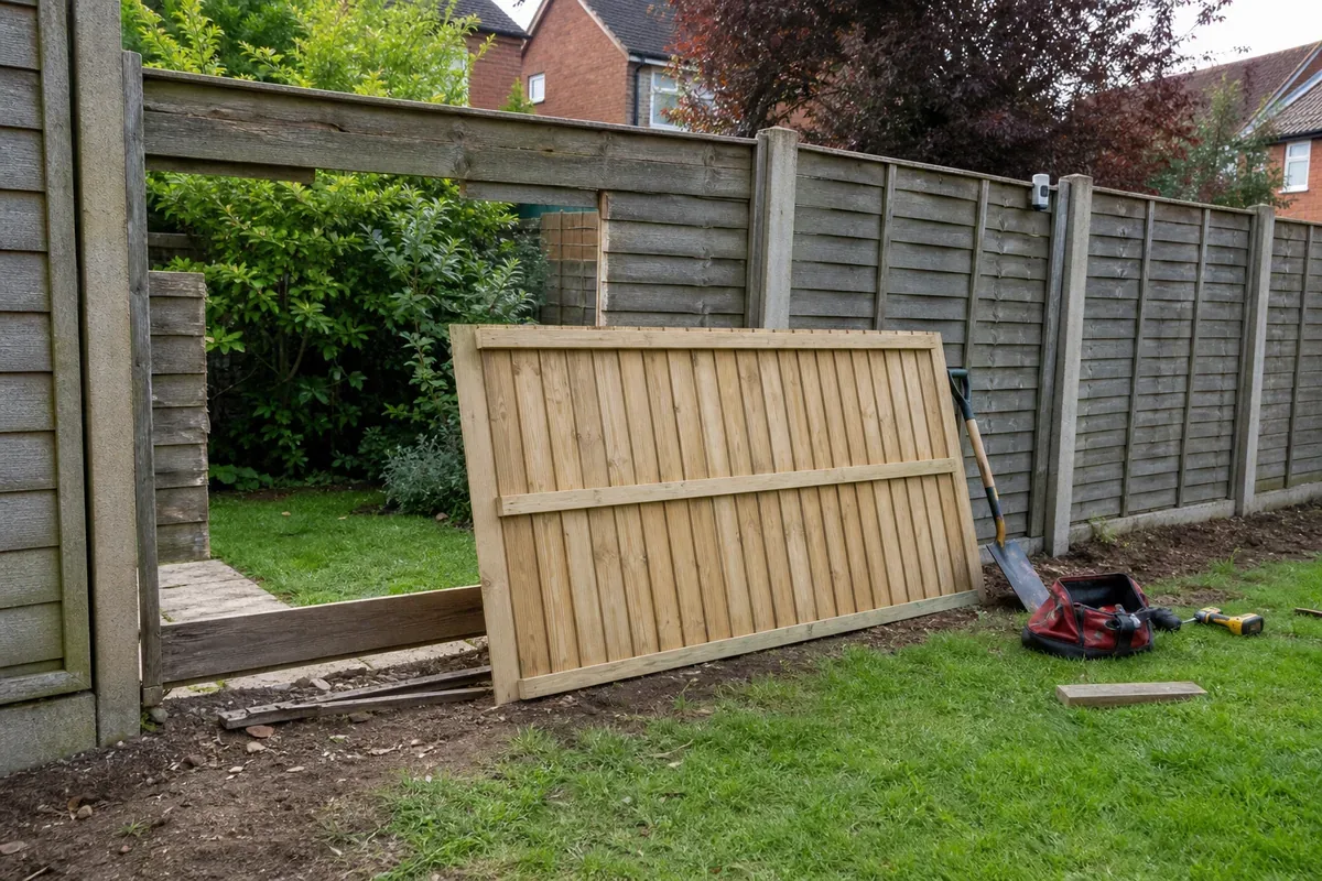 Damaged garden fence being repaired in Walsall